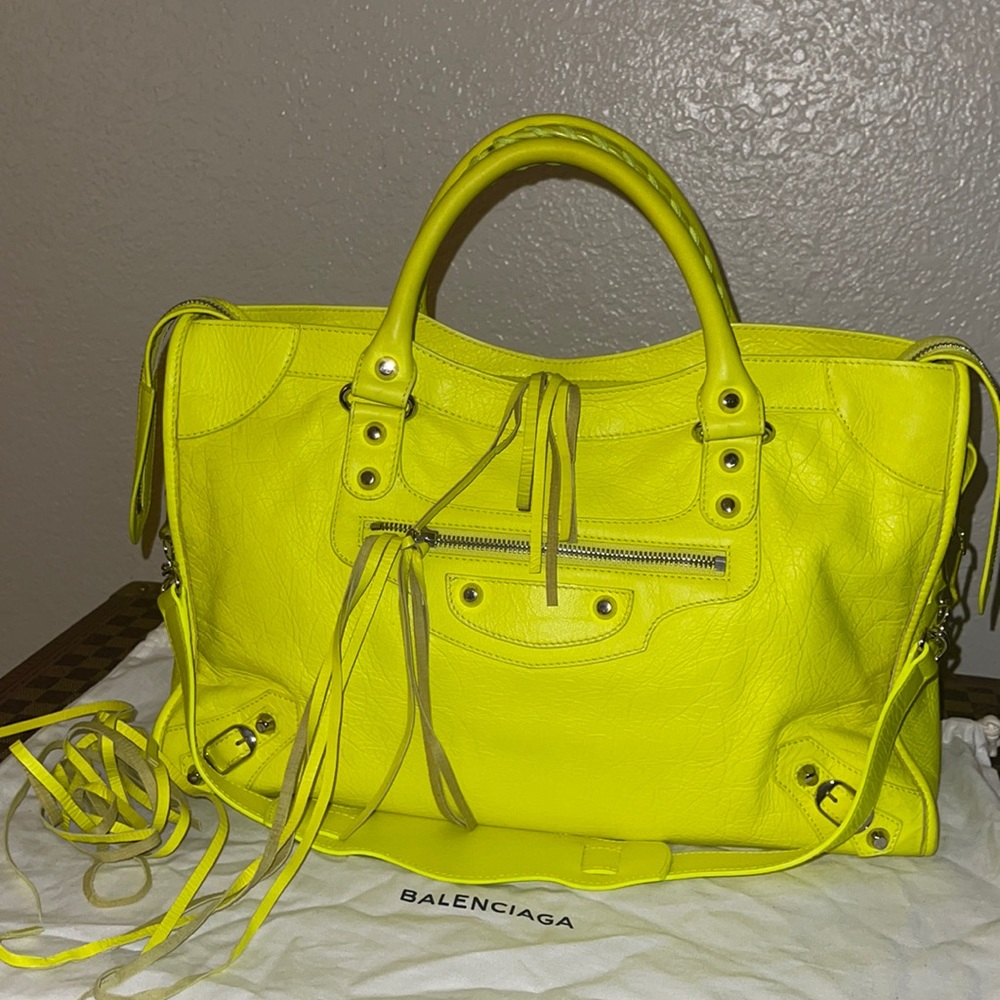 Balenciaga Neon Yellow Classic City bag with Silver Hardware